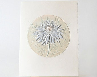 Blue Flower Card.Letterpress. Love In a Mist.Embossed 6 card set or Single card Blank inside.