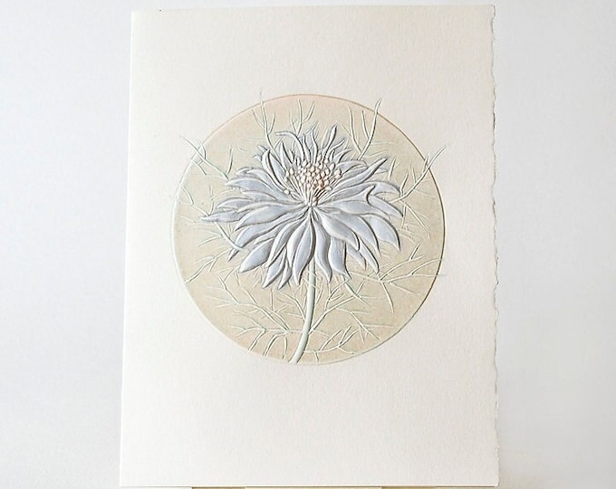 Blue Flower Card.Letterpress. Love In a Mist.Embossed 6 card set or Single card Blank inside.