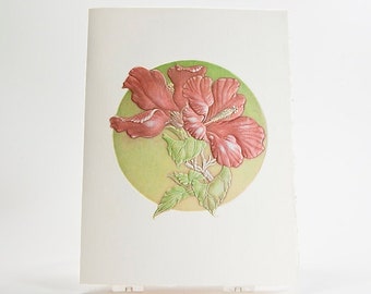 Red Flower Card. Hibiscus Flowers Card. Embossed. Letterpress. Single card. Blank inside.