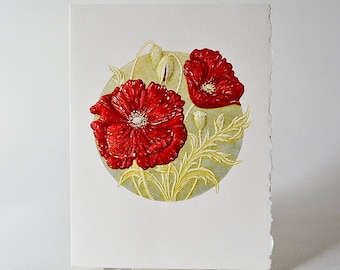 Poppy Card Letterpress Flower.Embossed poppies card.Set of 6 or Single Card. Blank inside.