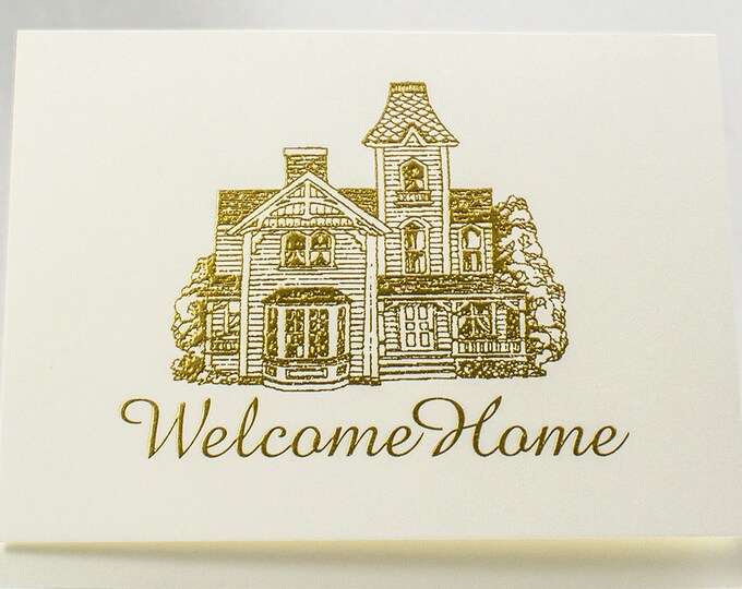 Gold Foil Victorian House Welcome Home Card – Housewarming Congratulations Note - Blank - Set of 6