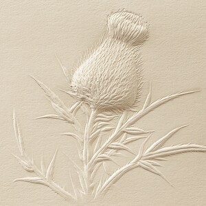 May include: A detailed, sepia-toned image of a thistle plant. The image highlights the spiky flower head and leaves, showcasing the plant's texture and form. The artwork is rendered in a relief style, giving it a three-dimensional appearance.
