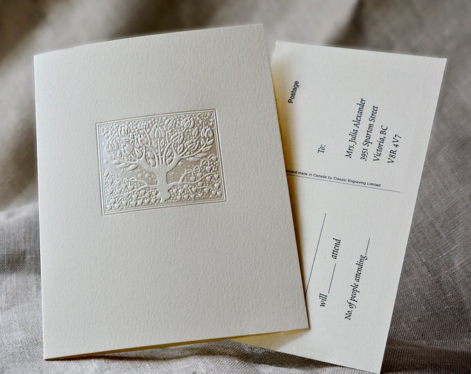 Pearl Wedding Invitations Tree  Wedding Card Foil Stamped. Reply Post Card. Folded Invite. Letterpress.