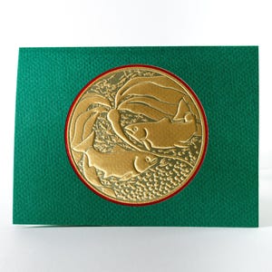 Cartão de salmão com folha de ouro. Cartão de salmão de Natal. Cartão de nota de vida selvagem em relevo. Cartão artesanal. Conjunto de 6 cartões ou cartão único. Em branco por dentro.