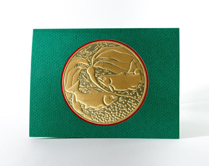 Gold Foil Salmon Card. Christmas Salmon Card. Embossed Wildlife Note Card. Artisan card. Set of 6 cards or Single card. Blank inside.
