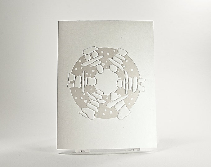 Pearl Holiday Card. Letterpress Christmas card. Season Greetings card. Inukshuk Dance card.Single card or set of 6 cards. Blank inside.