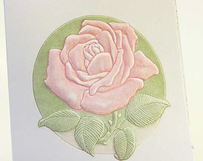 Pink Rose Card. Embossed floral card. Garden note card. Pink Flower Letterpress card. Set of 6 cards or Single card. Blank inside.