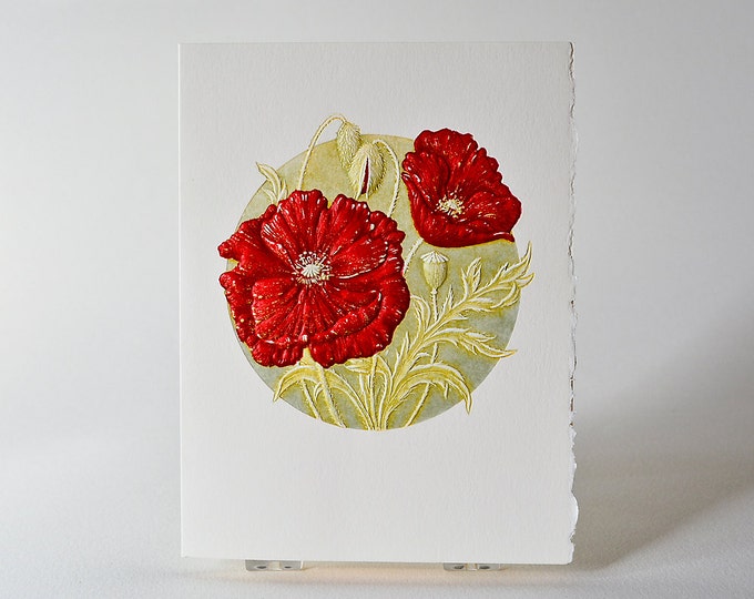 Poppy Card Letterpress Flower.Embossed poppies card.Set of 6 or Single Card. Blank inside.