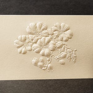 8 kaarten met reliëfpruimenbloesem. Moederdagcadeau. Bloemenkaarten. Botanische kaarten. Blanco binnenkant.