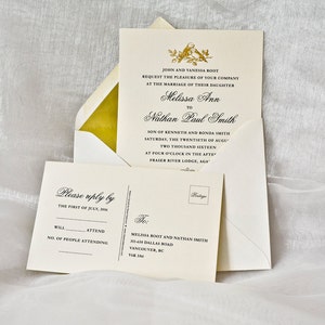 Gold Wedding Invitation Gold LOVE BIRDS Letterpress Wedding Card Gold Foil Sample.