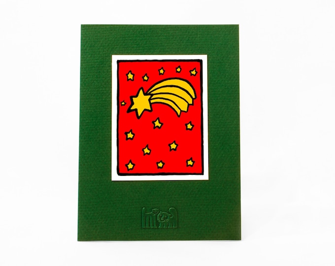 Christmas Star Card. Green, Red & Yellow Xmas Card. Modern Holiday Card. Cute Embossed Cat and Dog. Merry Christmas Note card. Blank Inside.