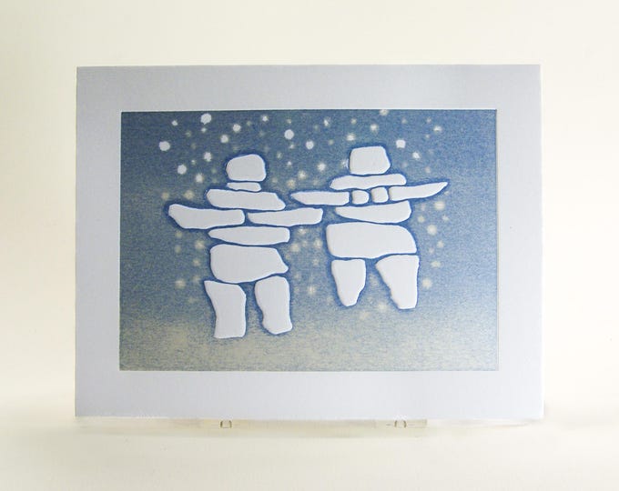 Inukshuk Couple Christmas Card, Embossed Holiday Card, Canadian North, Single or Set of 6