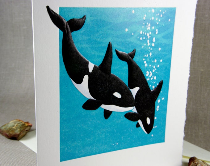 Orca Whales Love Card. Card for couple.Anniversary card. Set of 6 cards or Single card. Blank inside. Embossed.Letterpress printed.