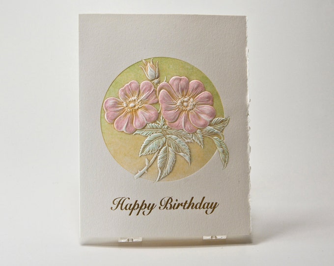 Happy Birthday Card. Letterpress Birthday card. Gold bday notecard. Wild Rose Birthday card. Single card or Set of 6 cards. Blank inside.