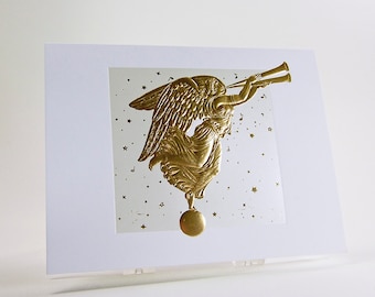 Gold Christmas Angel Card. Letterpress. Embossed Holiday card. Single card or 6 card pack.Blank inside.