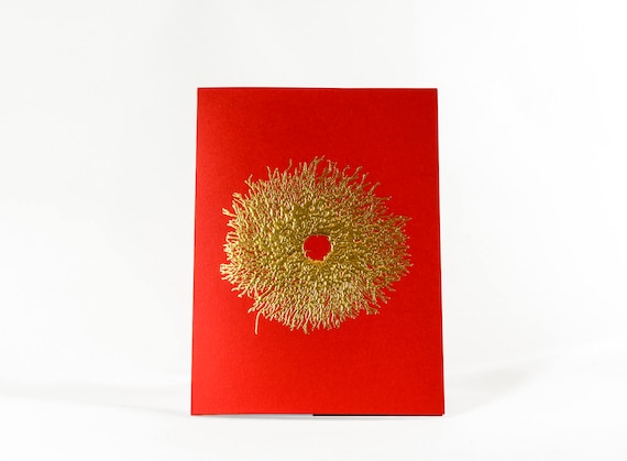 Gold Foil Christmas Wreath Card, Handmade Holiday Stationery, Red Cardstock (Single or Set)