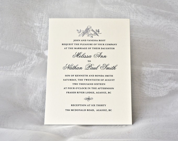 Silver Wedding Invitation Silver LOVE BIRDS Letterpress Wedding Card Silver Foil Invite. Sample.