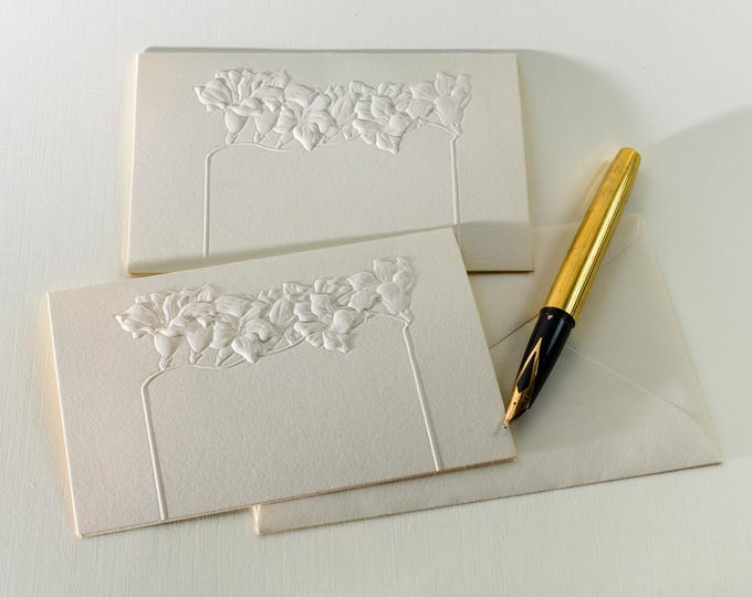 8 Embossed Freesia Floral Cards – Letterpress Stationery Set, Blank Greetings