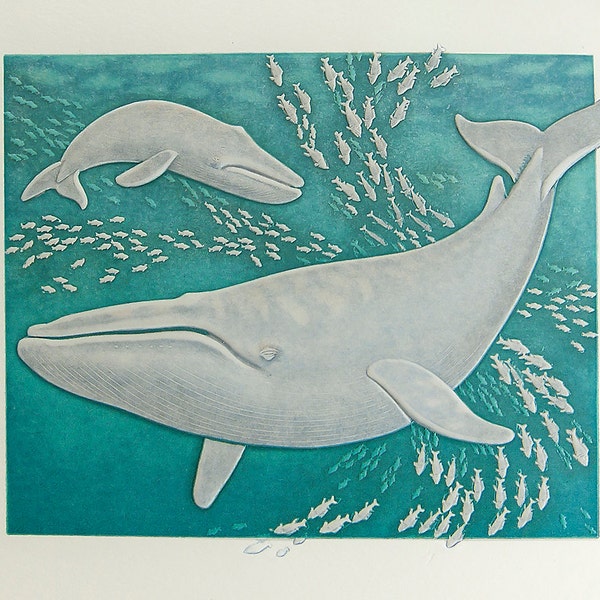 Embossed Blue Whales Card, Mom and Baby, Mothers Day, Sea Life,  Blank inside