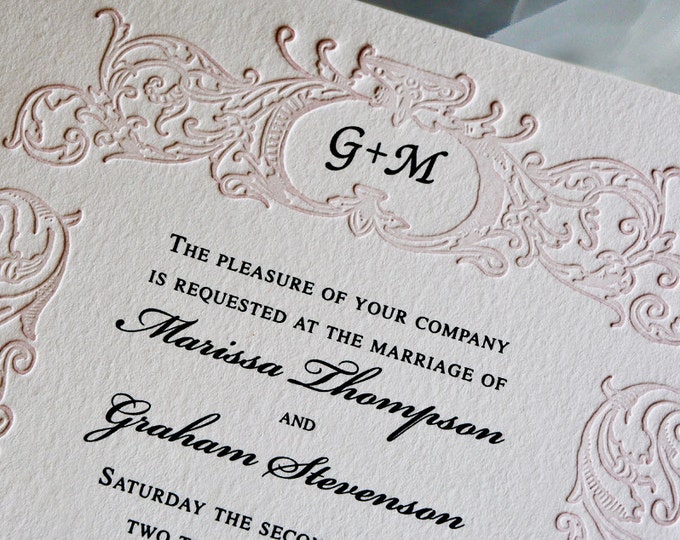 Blush Pink Wedding Invitation Suite Monogrammed Letterpress Wedding Card Vintage Wedding Invite. RETRO BELIEVE SUITE. Border Invite. Sample.