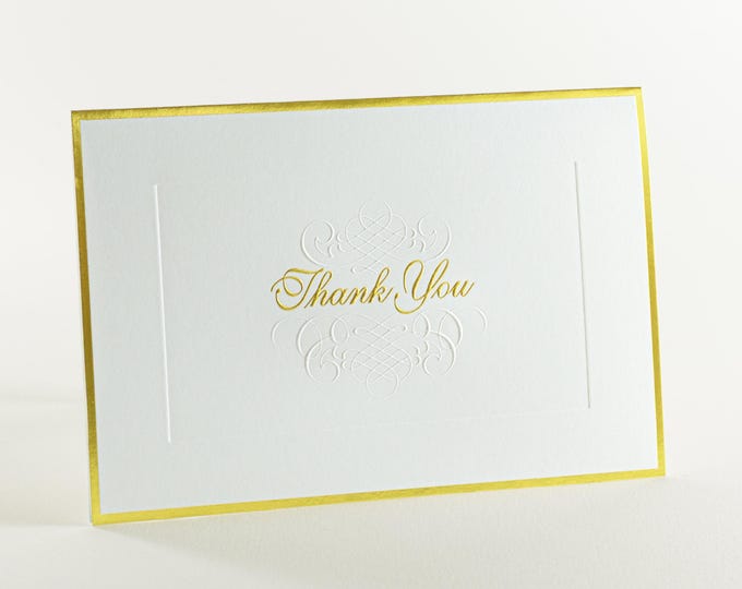 Gold Foil Embossed Thank You Cards, Letterpress Printed, Elegant Calligraphy (Set of 8)