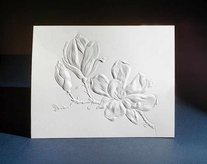 6 Magnolia Embossed Cards. Floral stationery. Botanical note card set. Blank inside.