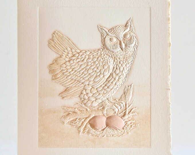 Owl Card Letterpress Birthday Card Embossed. Great Horned Owl. Single note card. Blank inside.