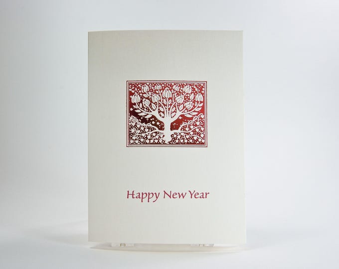 Red Tree Letterpress New Year Card with Metallic Foil, Embossed Holiday Note, Blank
