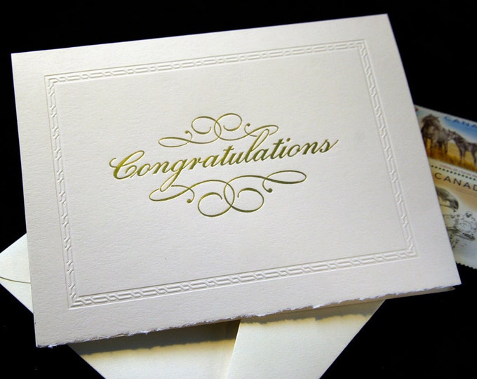 Congratulations Letterpress Card. Gold Foil. Script. Blind border. Single card. Blank inside.