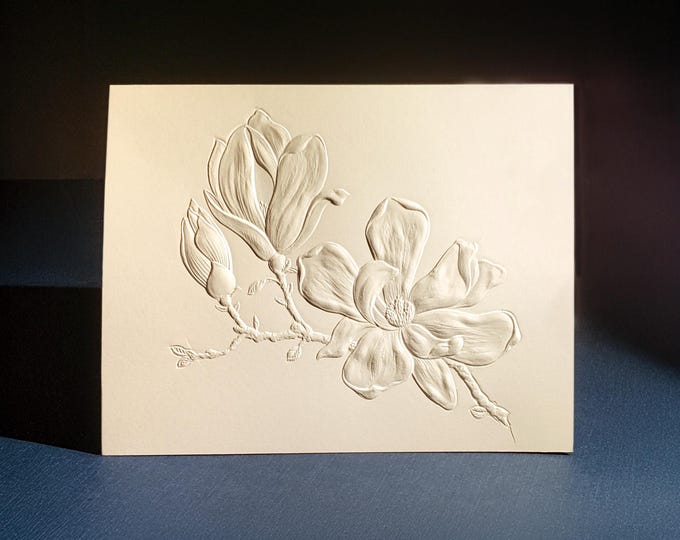 6 Magnolia Embossed Cards. Handmade floral stationery. Botanical cards. Elegant stationery gift set. Set of 6 cards. Blank inside.