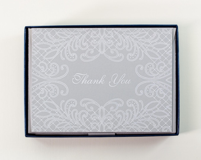 10 Crane & Co Engraved Lace Thank You Card Set with Lined Envelopes. Boxed Stationery Ready for Gifting. Blank inside.