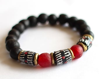 Men's African Bracelet, Recycled Glass Beads, African Jewelry, Ethnic Bracelet, Ghana Beads, Unisex Jewelry, Baoulé Brass, Black Beige Beads