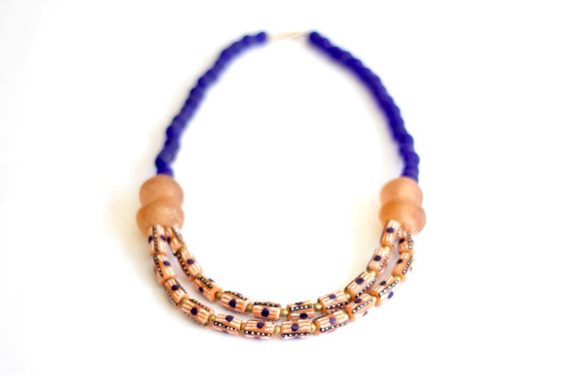 Salmon Krobo Bead Recycled Glass African Statement Necklace Blue African Jewelry Ghana Jewelry NYAMEWA: African Necklace Ethnic Tribal