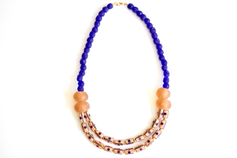 Salmon Krobo Bead Recycled Glass African Statement Necklace Blue African Jewelry Ghana Jewelry NYAMEWA: African Necklace Ethnic Tribal