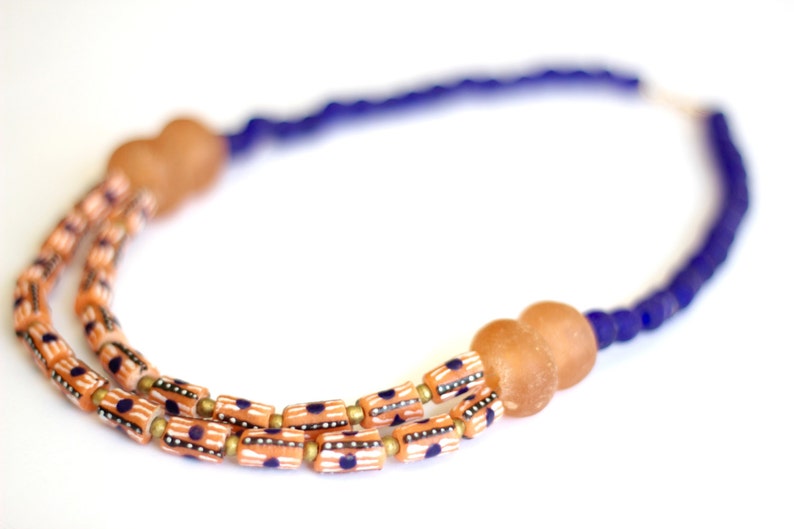 Salmon Krobo Bead Recycled Glass African Statement Necklace Blue African Jewelry Ghana Jewelry NYAMEWA: African Necklace Ethnic Tribal