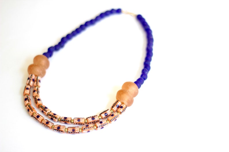 Salmon Krobo Bead Recycled Glass African Statement Necklace Blue African Jewelry Ghana Jewelry NYAMEWA: African Necklace Ethnic Tribal