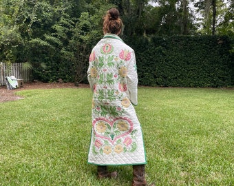 One of a Kind Duster Style Hand Stitched Vintage Quilt Coat PERFECT FOR EASTER