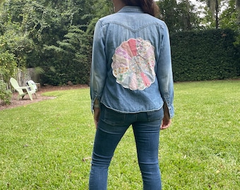 Women’s size Small Denim Shirt with Vintage Quilt Patch