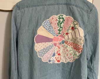 Women’s Denim Shirt with Vintage Quilt Patch