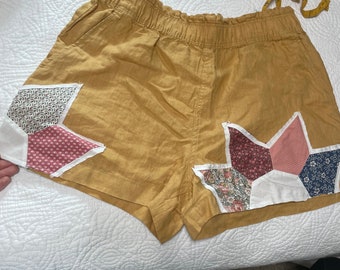 vintage Quilt Patched 100% Lin Short Jaune Moutarde