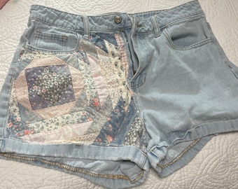 Vintage Quilt Patched Denim Shorts