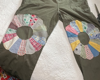 Vintage Quilt Patched Women’s Olive Green Drawstring Pants