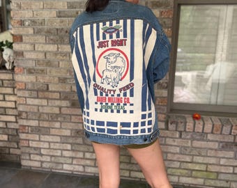 Denim Jacket Size Large with Vintage Feed Sack on Back
