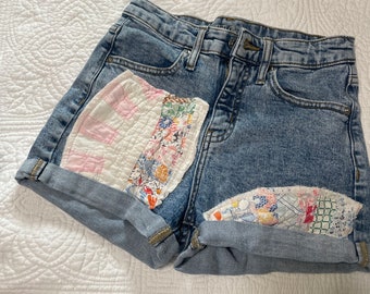 Vintage Quilt Patched Denim Shorts