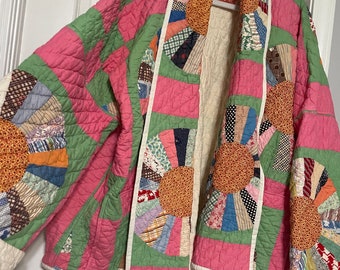 One of A Kind Quilt Coat, Dresden Pattern with Amazing Bright Pinks and Greens