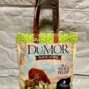 Totes made from recycled animal feed bags