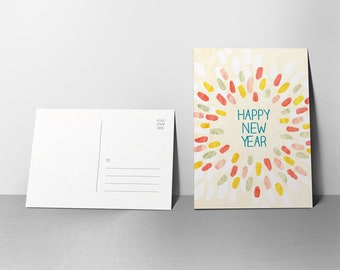 5 Posh Swash New Year Postcards - Happy New Year Greeting Cards with Colorful Painted Burst