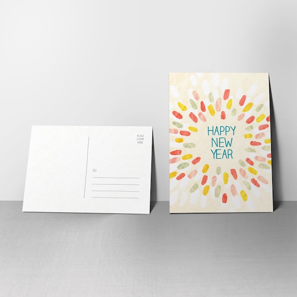 5 Posh Swash New Year Postcards - Happy New Year Greeting Cards with Colorful Painted Burst