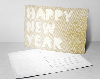 5 Gold Lang Syne New Year Postcards - Happy New Year Greeting Cards with Chevron and Flowers