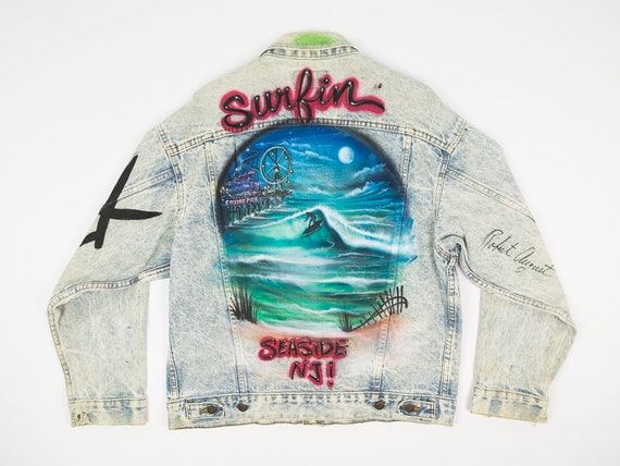Painted Jean Jacket M - Surfin' Seaside NJ - Robe… - image 1
